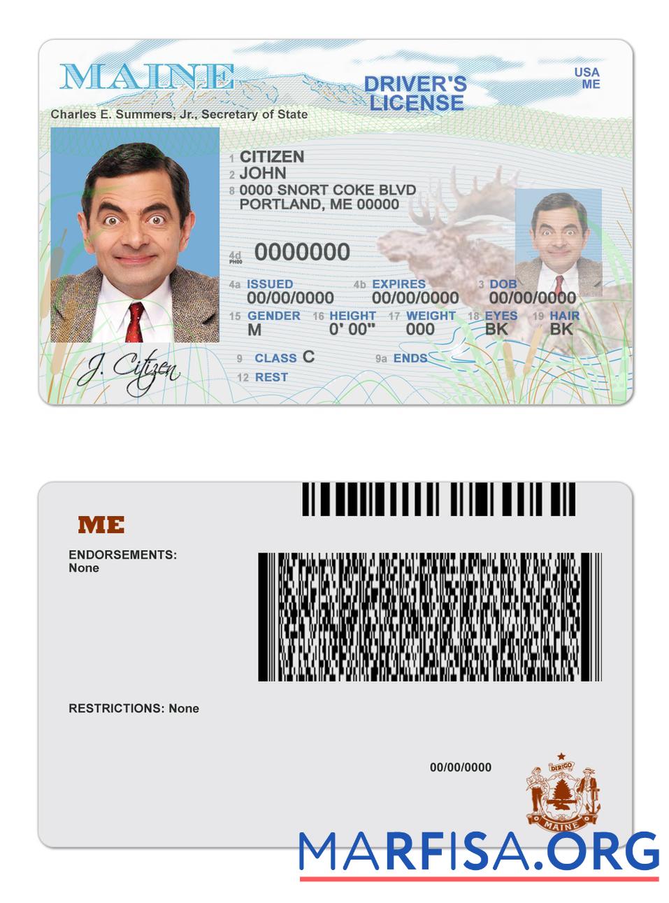 Downloadable USA Maine state driving license real example